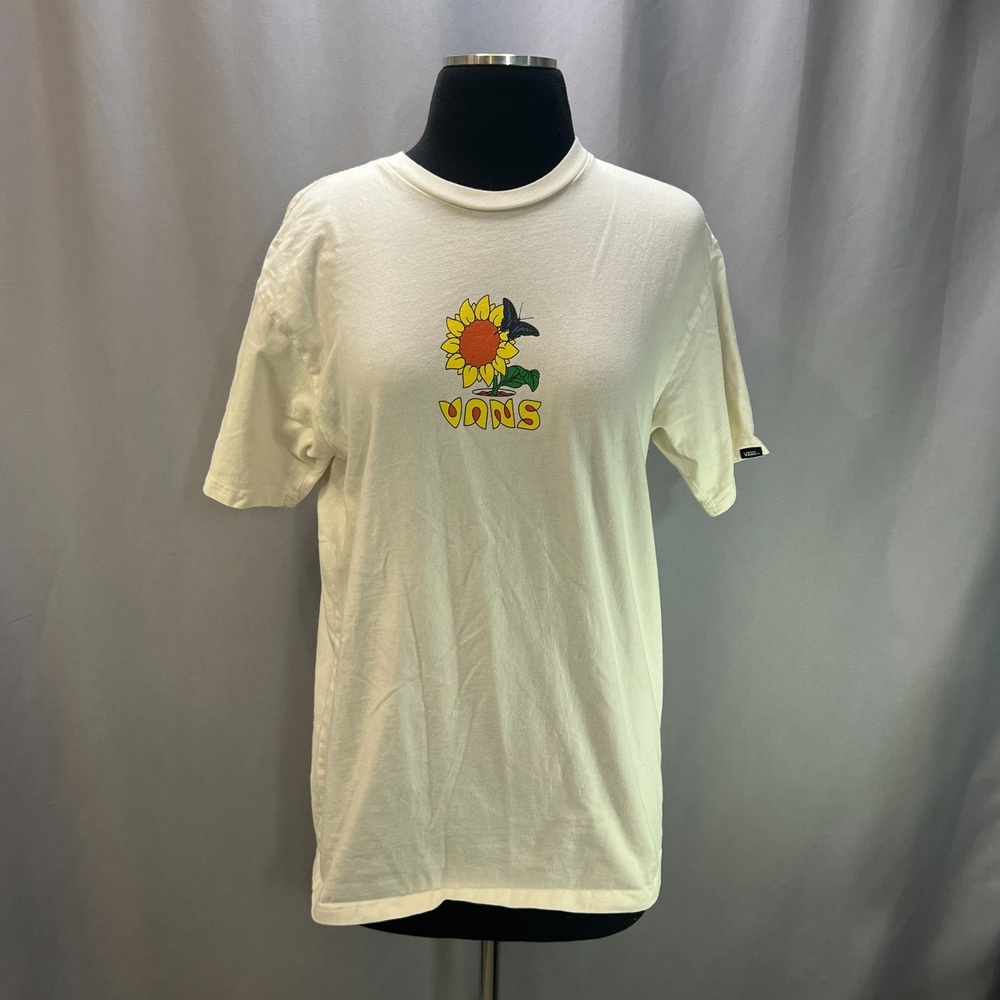 Vans Eco Positivity T Shirt Womens M Beige Cotton Classic Fit Sunflower Graphic